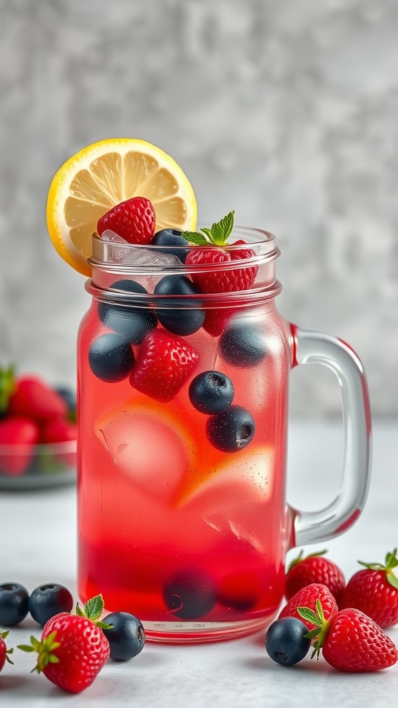 A refreshing berry lemonade spritzer with ice, mixed berries, and a lemon slice.