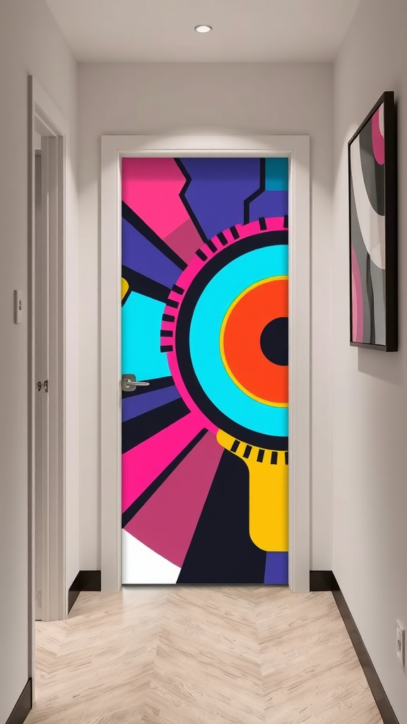 A colorful, graphic-painted door in a modern hallway