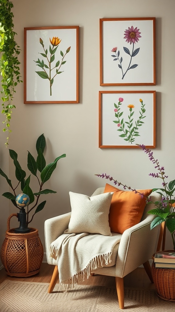 A cozy corner featuring botanical wall art with framed flower illustrations.