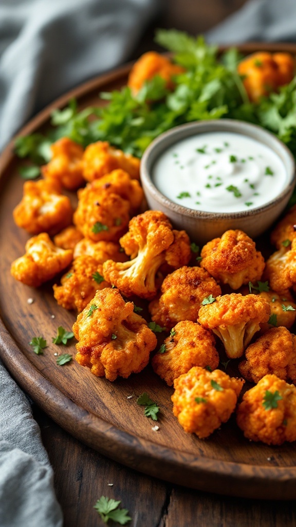 A wooden platter with buffalo cauliflower bites and a small bowl of dipping sauce, garnished with fresh herbs.
