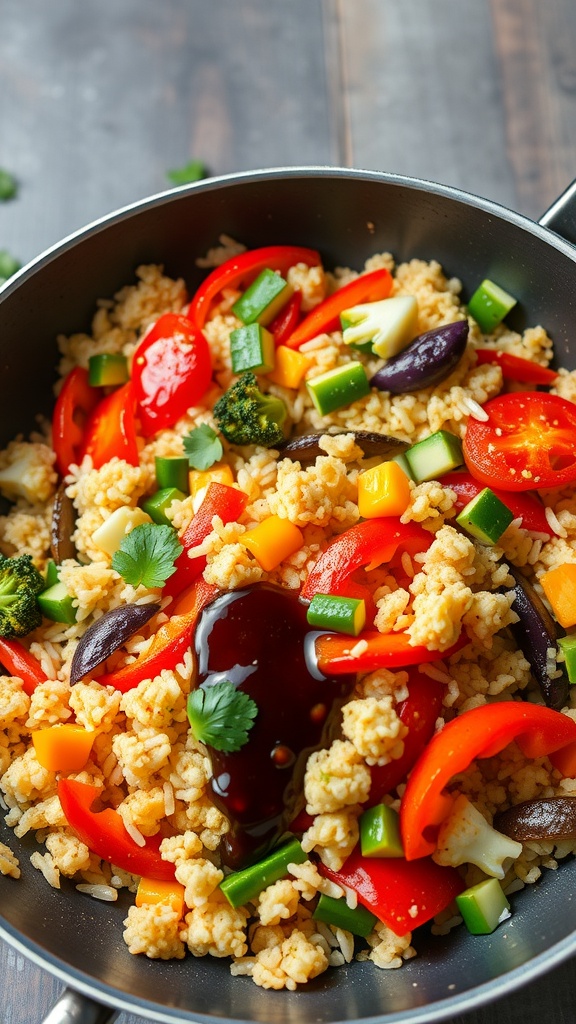 A colorful mix of cauliflower rice and vegetables in a stir-fry.