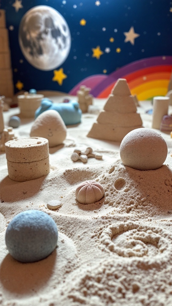 A beautiful landscape made of moon sand featuring various structures and shapes.