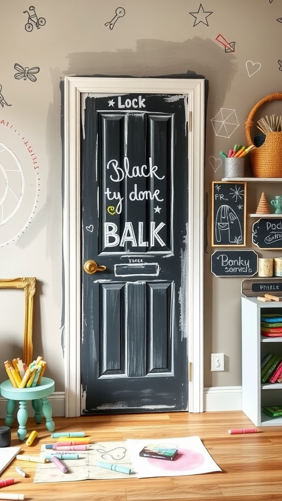 A chalkboard door in a creative space with colorful art supplies scattered on the floor.