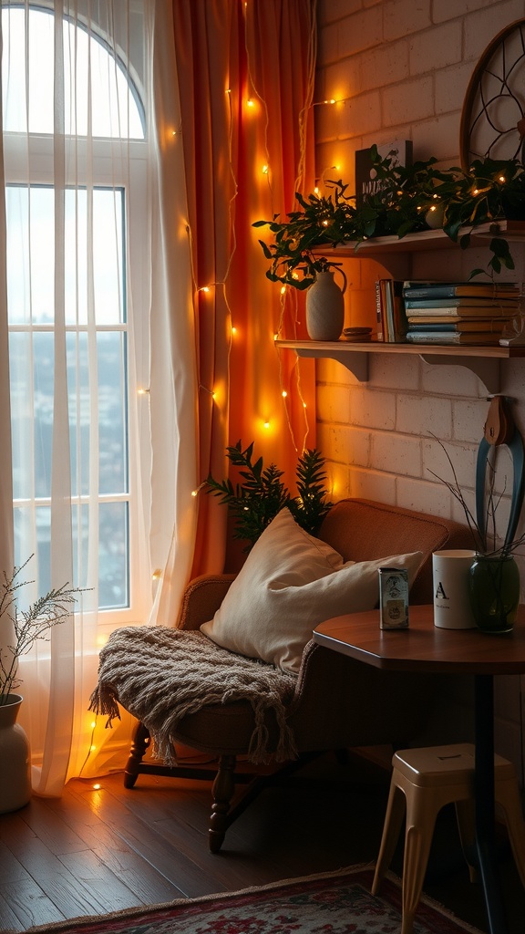 A cozy corner with fairy lights illuminating a comfortable chair and a shelf filled with books.