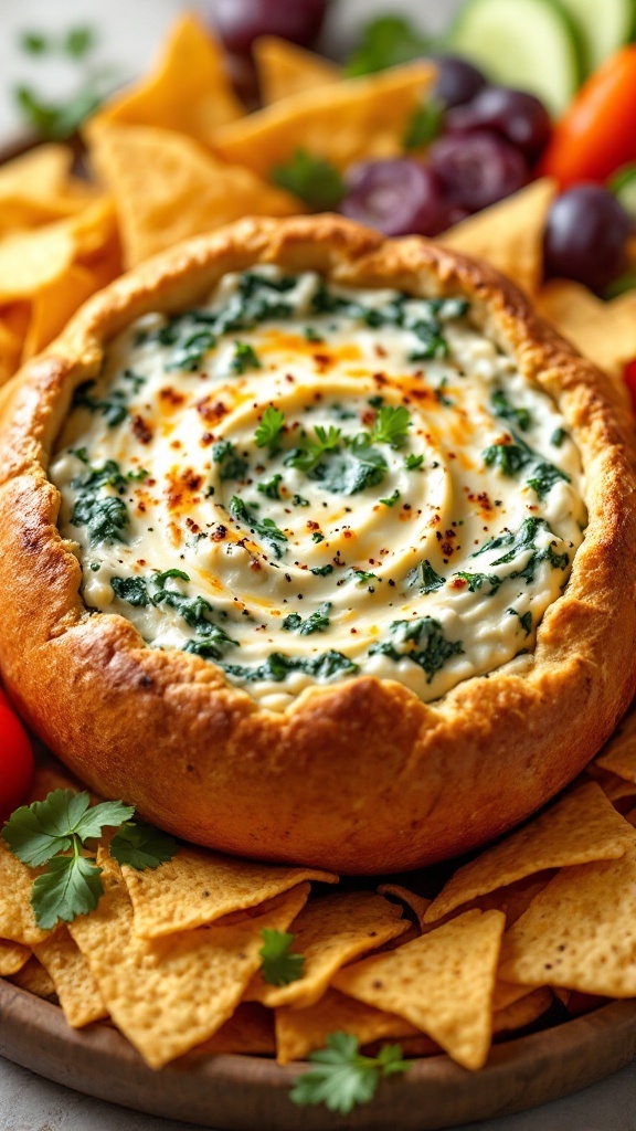 A delicious cheesy spinach dip served in a round bread bowl, surrounded by tortilla chips and fresh vegetables.