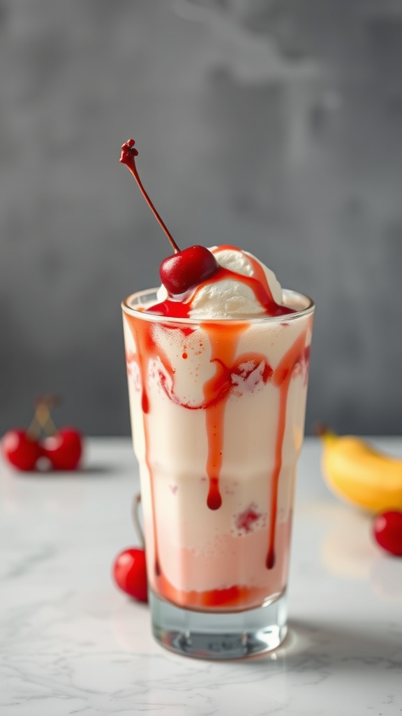 A refreshing Cherry Vanilla Float in a tall glass, topped with a scoop of ice cream and cherry syrup.