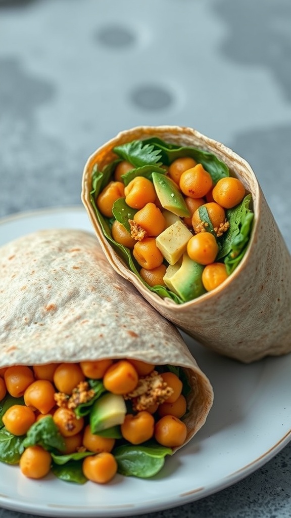 A close-up of a chickpea and avocado wrap with spinach and diced vegetables
