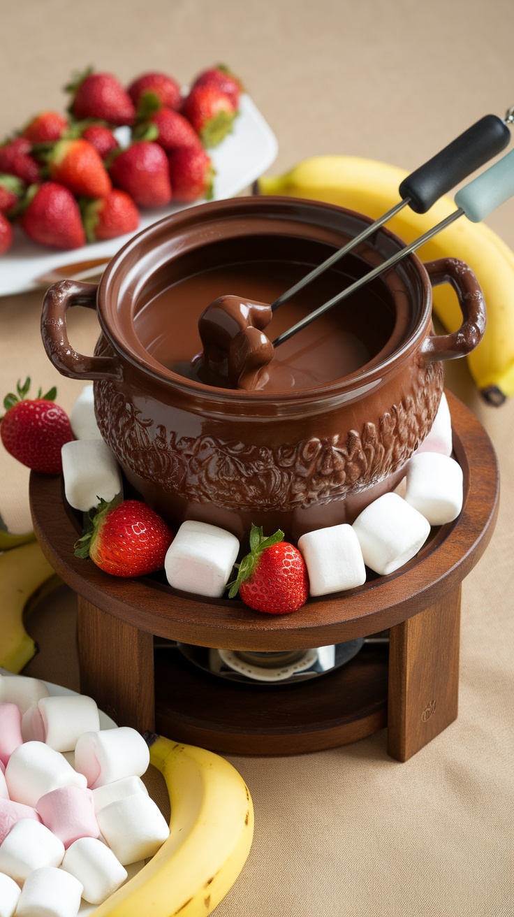 A chocolate fondue pot surrounded by fresh strawberries, bananas, and marshmallows.