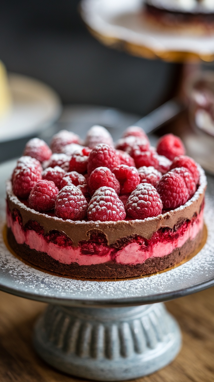 A decadent chocolate raspberry tart topped with fresh raspberries and a light dusting of powdered sugar.