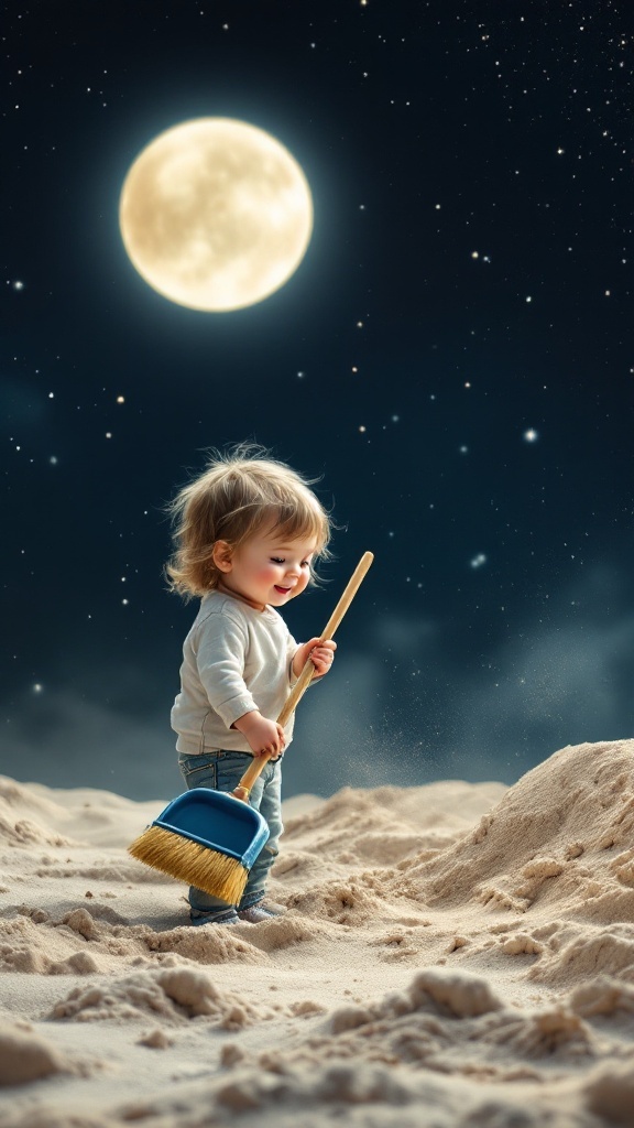 A child happily cleaning up moon sand with a broom under a moonlit sky.