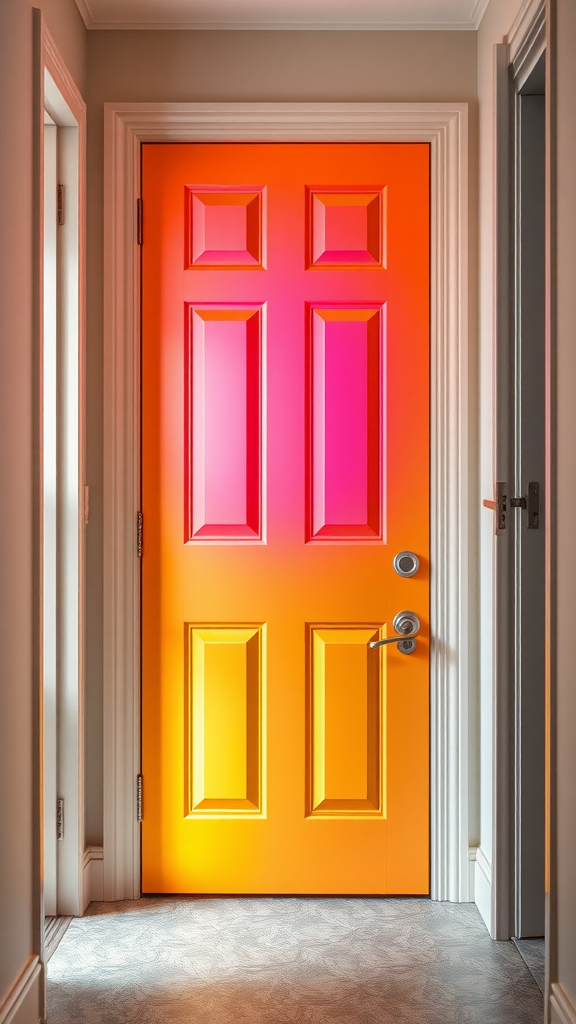 A vibrant orange and pink paneled door in a hallway.