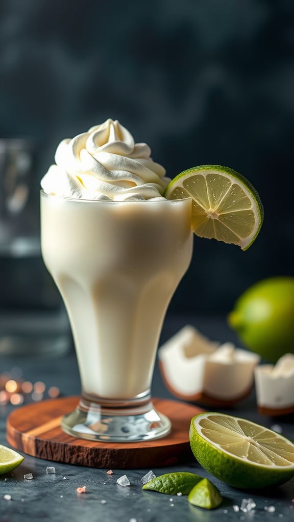 A delicious creamy coconut lime mocktail topped with whipped cream and garnished with lime slices.