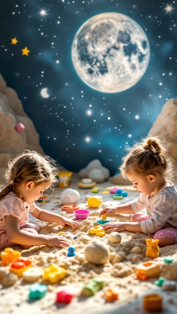 Children playing with colorful moon sand and toys under a starry sky backdrop.