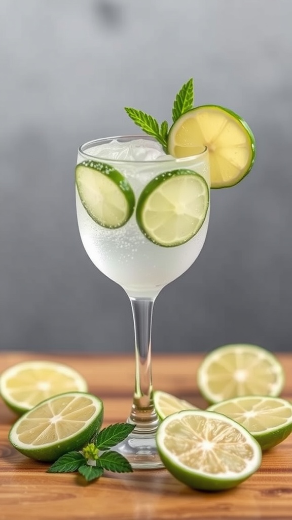 A refreshing cucumber lime sparkler drink garnished with cucumber slices and mint leaves.