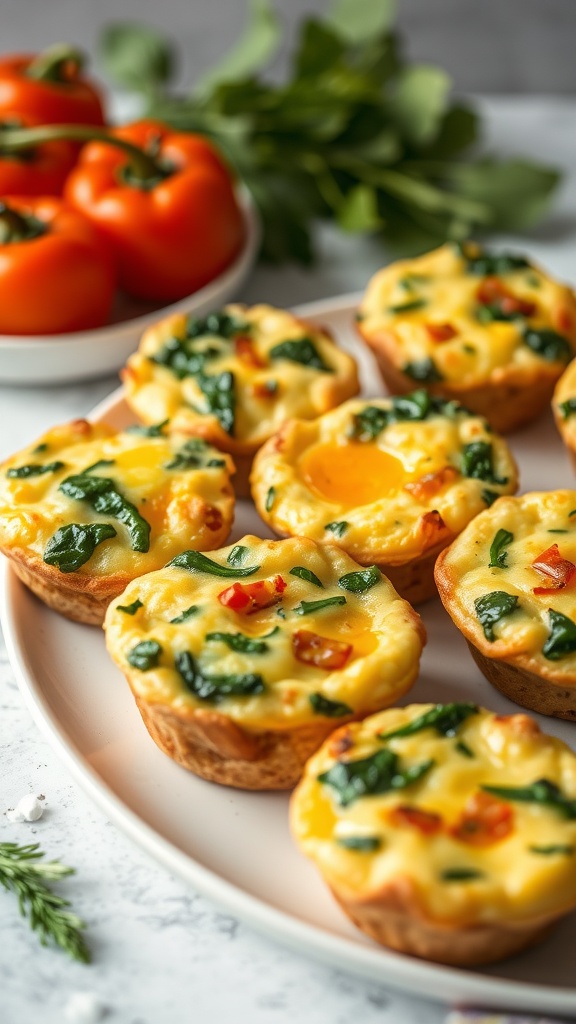 A plate of baked egg and veggie muffins garnished with fresh herbs and surrounded by red bell peppers.