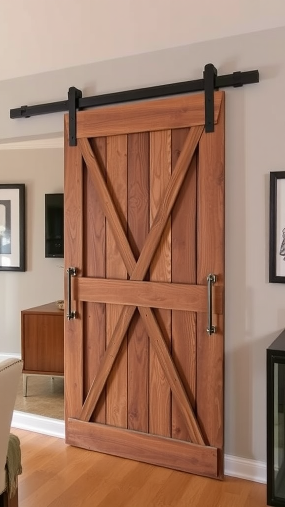 A stylish faux barn door installed in a modern interior.