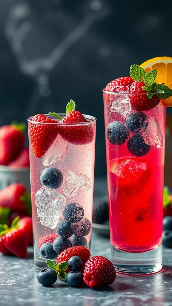 A refreshing mocktail made with mixed berries and sparkling water, garnished with mint.