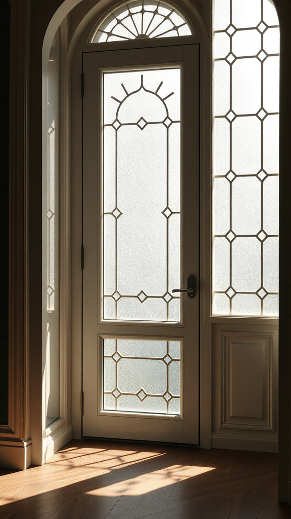 A frosted glass door with decorative designs, allowing light to enter a room while maintaining privacy.