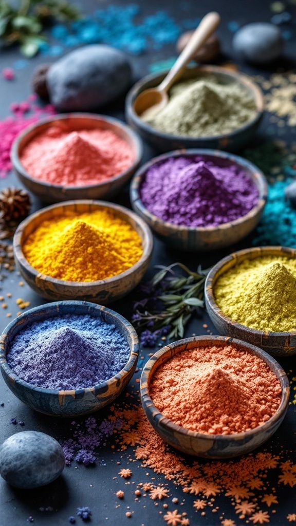 Colorful powdered pigments in bowls, ready to be added to moon sand.