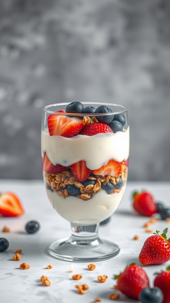 A glass of Greek yogurt layered with strawberries, blueberries, and granola.