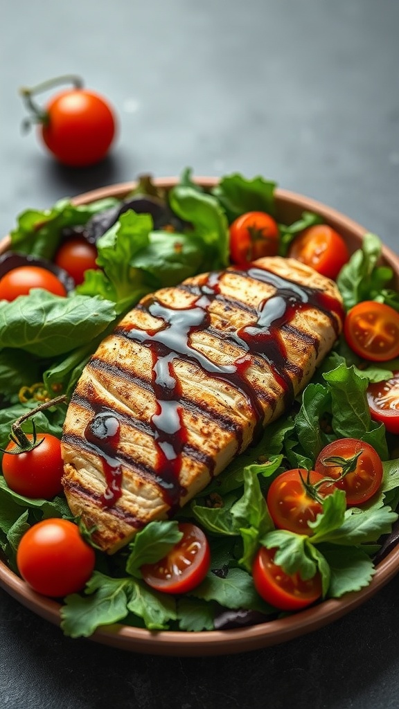 Grilled chicken salad with balsamic dressing, featuring fresh greens and cherry tomatoes.