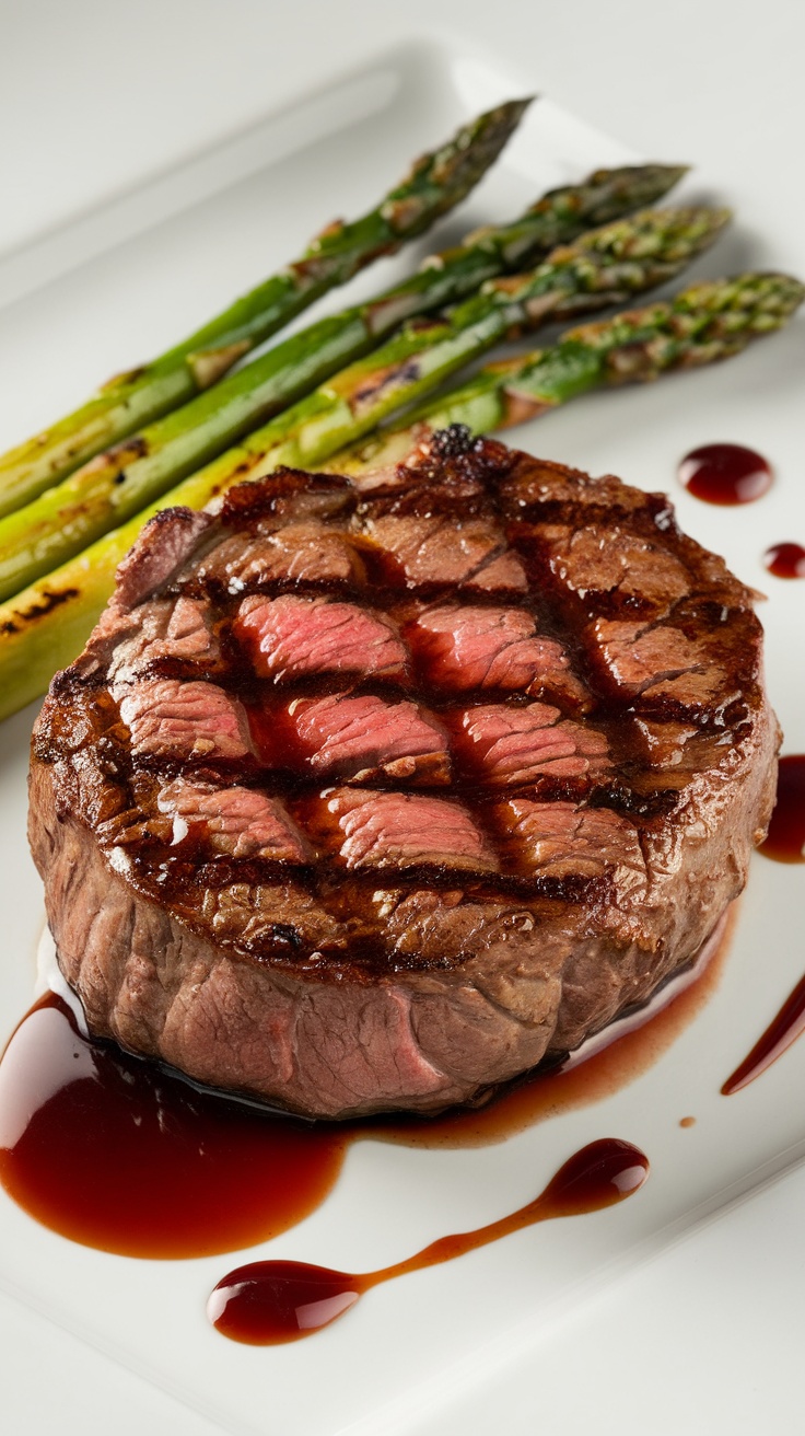 A beautifully grilled filet mignon served with grilled asparagus and red wine reduction on a white plate.