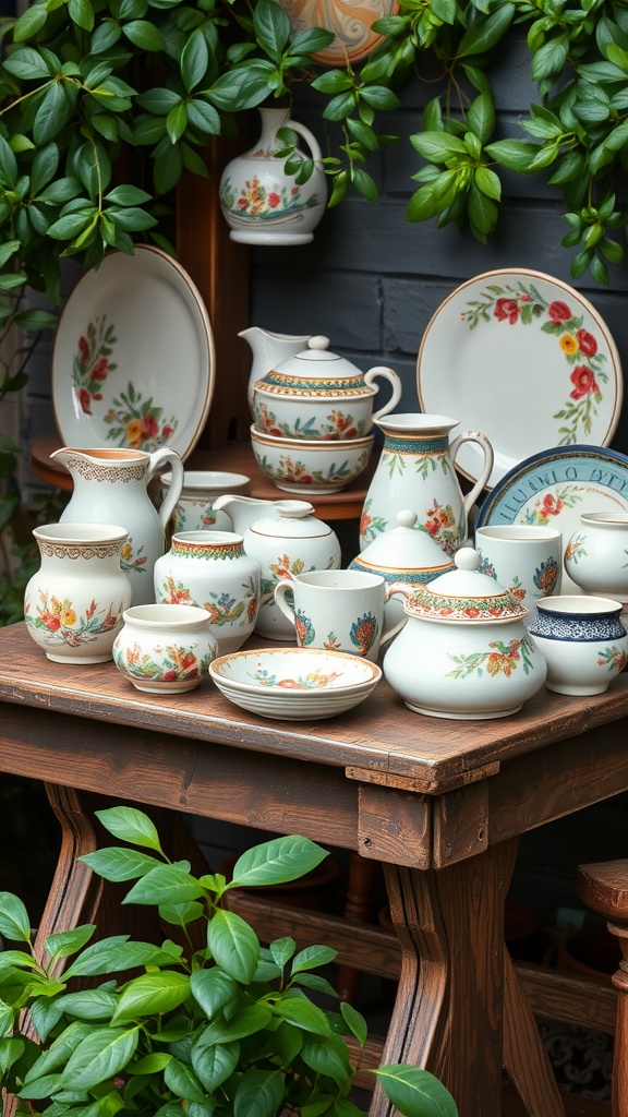 A collection of hand-painted ceramic dishes and pots arranged on a wooden table, surrounded by green plants.