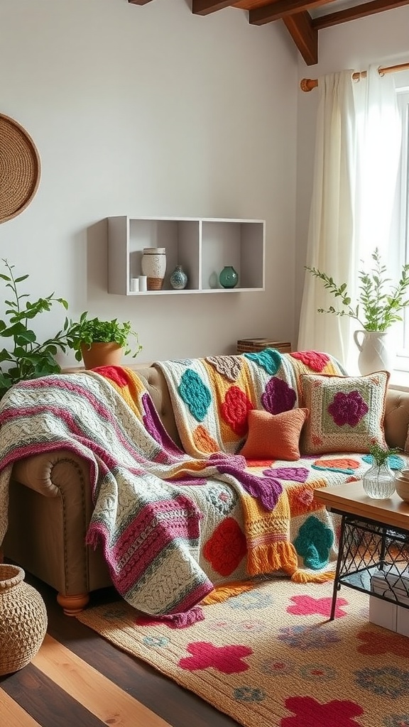 A cozy living room with colorful handmade crochet throws on a sofa, complemented by plants and a wooden coffee table.