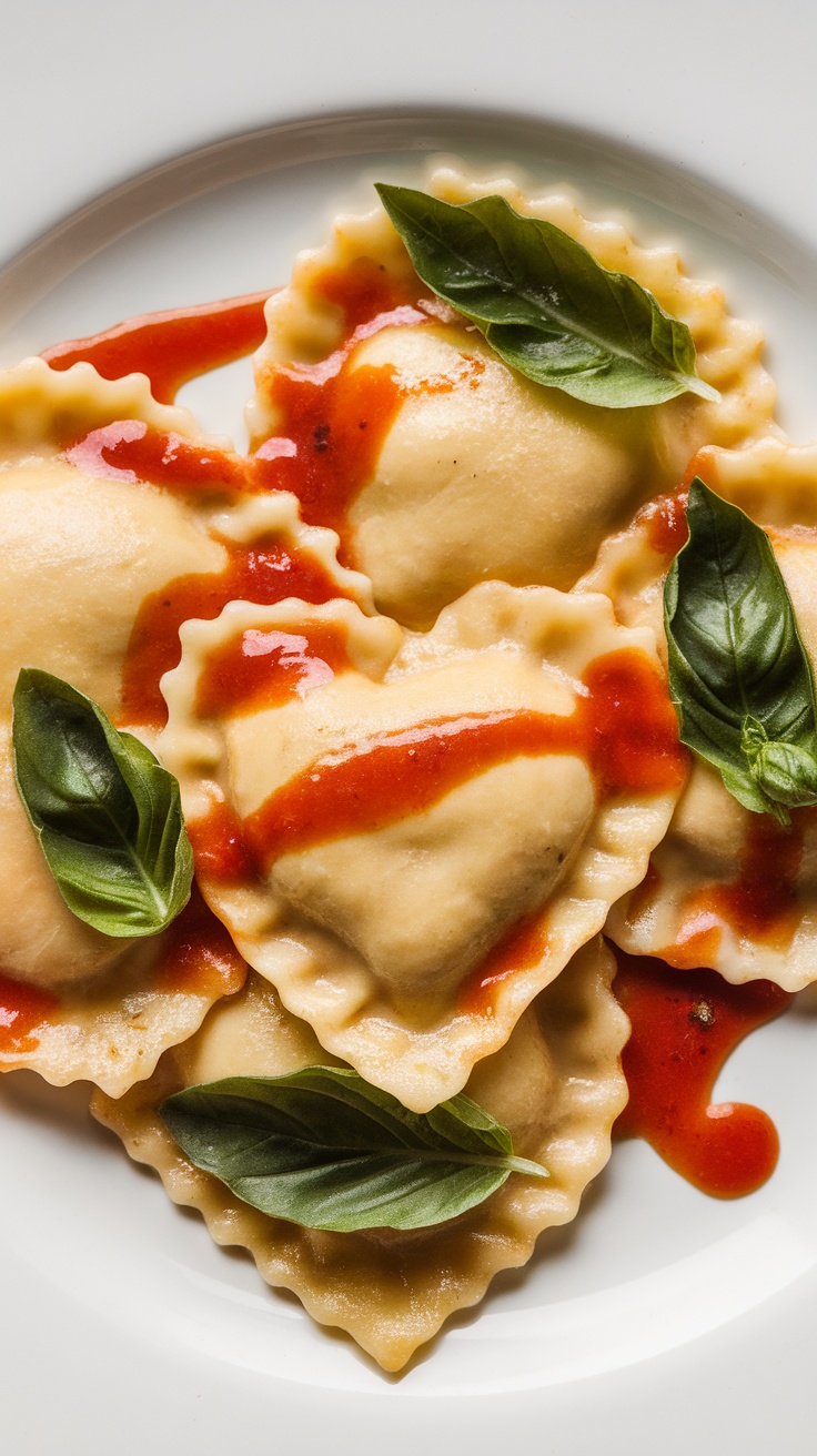 Heart-shaped ravioli filled with ricotta and garnished with basil, served with tomato sauce