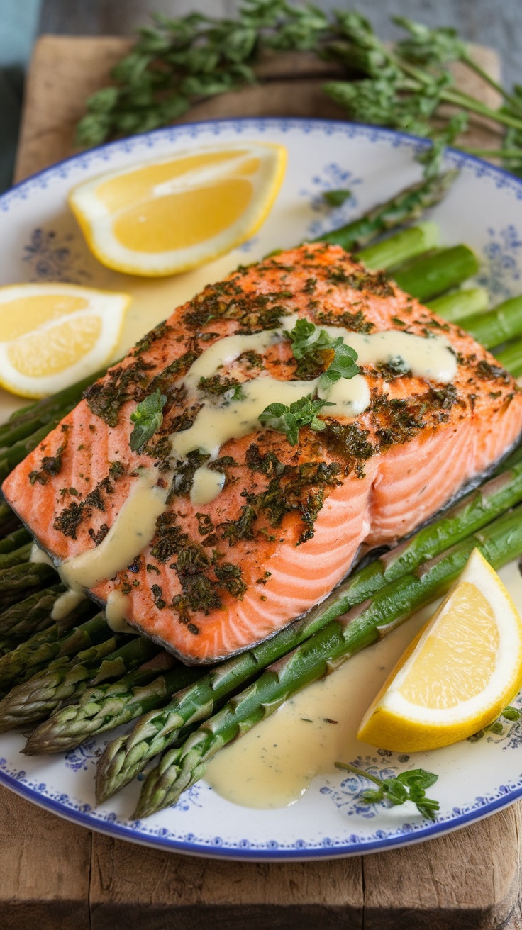 Herb-crusted salmon on a plate with asparagus and lemon slices