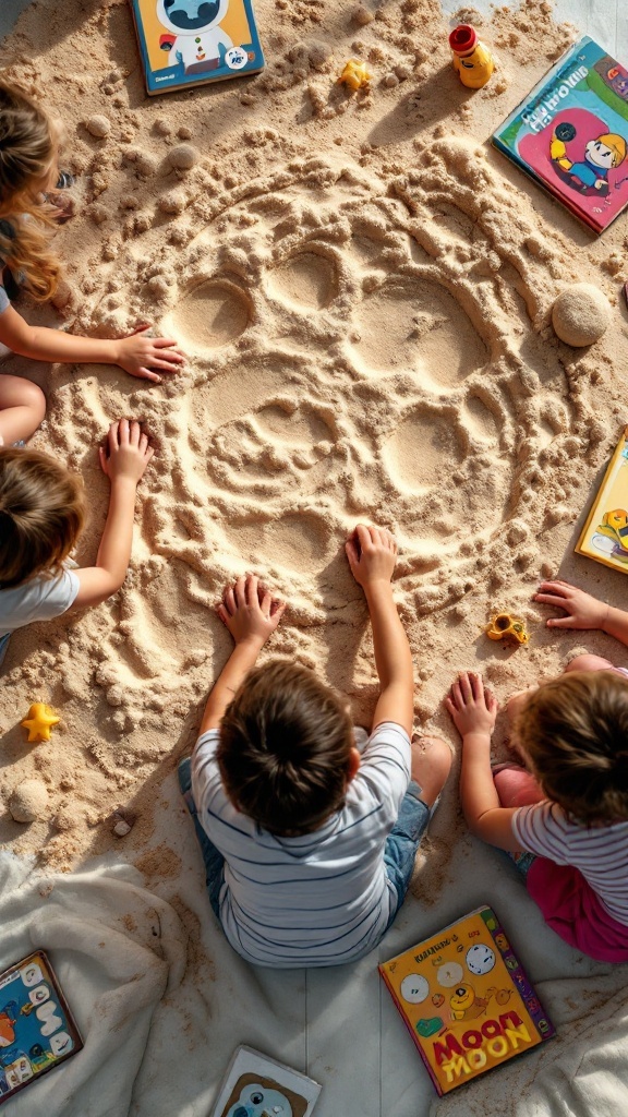 Children playing with moon sand, creating shapes and exploring textures.