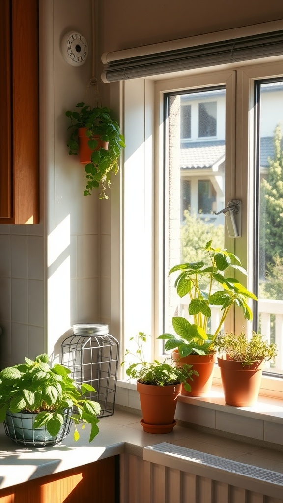 Sunlit kitchen windowsill with various potted herbs and a hanging plant.