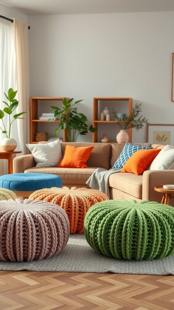 A cozy living room featuring colorful knitted poufs and cushions.