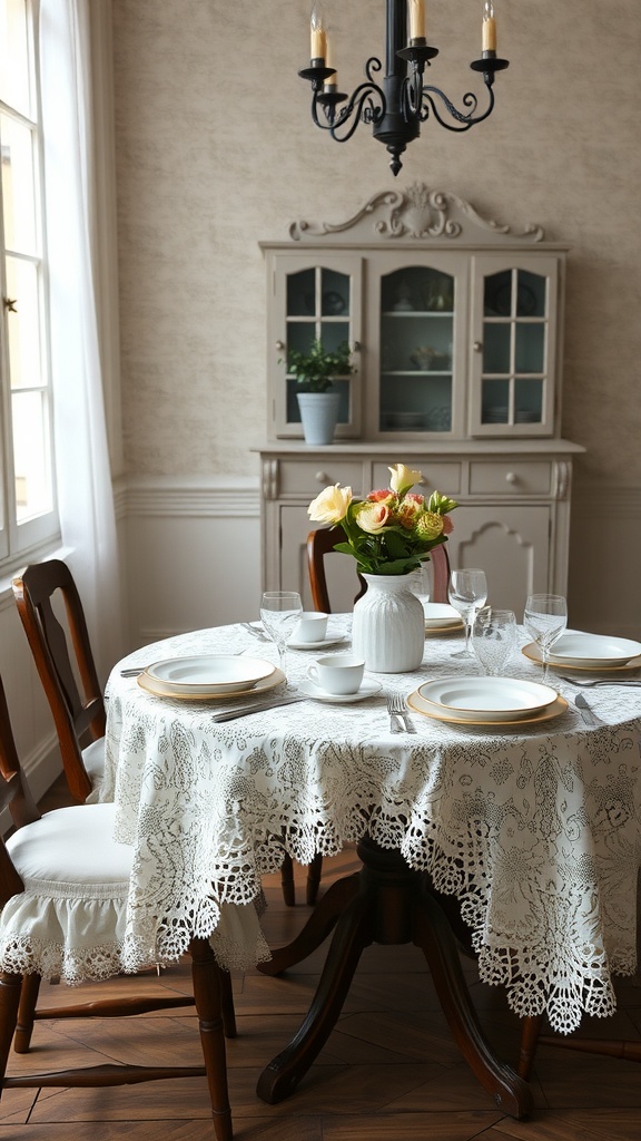 A cozy dining setting featuring a lace tablecloth with elegant dishware and fresh flowers.