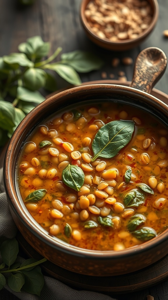 A bowl of lentil soup with spinach and herbs