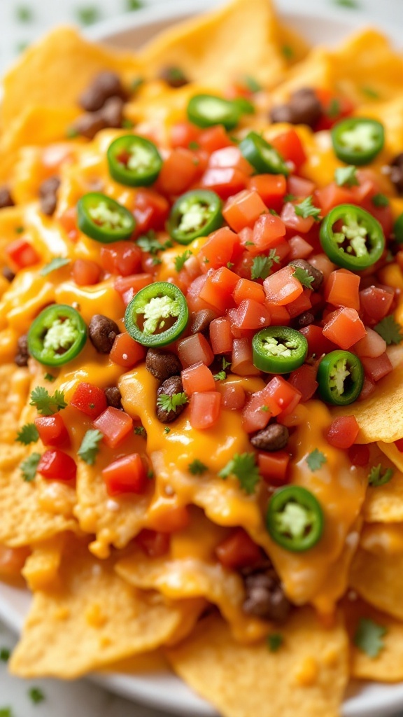 A plate of loaded nachos topped with jalapeños, cheese, and diced tomatoes.