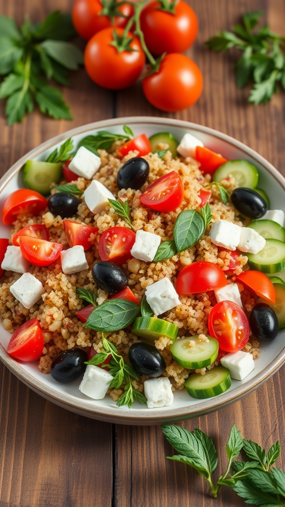 A colorful Mediterranean quinoa salad with tomatoes, cucumbers, olives, and feta cheese.