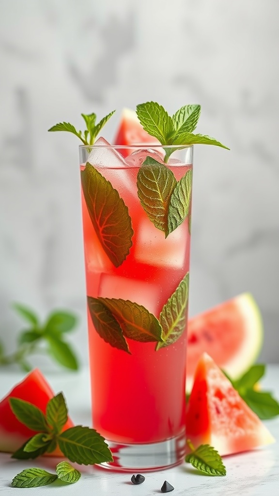 Refreshing Minty Watermelon Mocktail with mint leaves and watermelon slices.