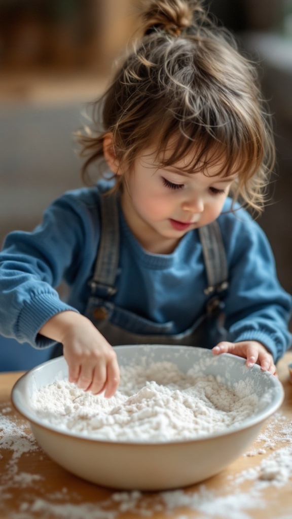 A child playing with moon sand in a bowl