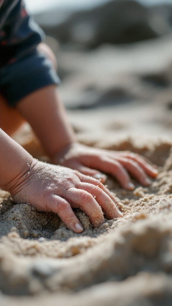 A child's hands playing in moon sand on a beach.