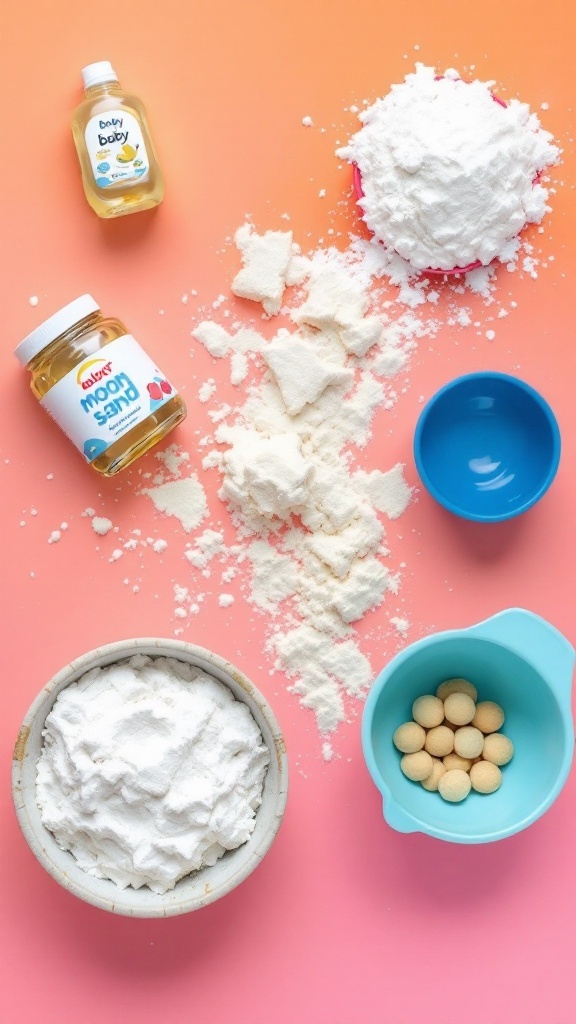 Ingredients and tools for making moon sand, including flour, baby oil, and a mixing bowl.