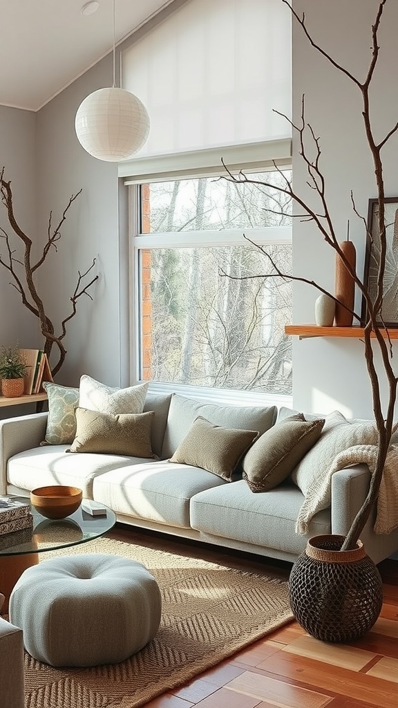Cozy living room with natural accents and soft furnishings.