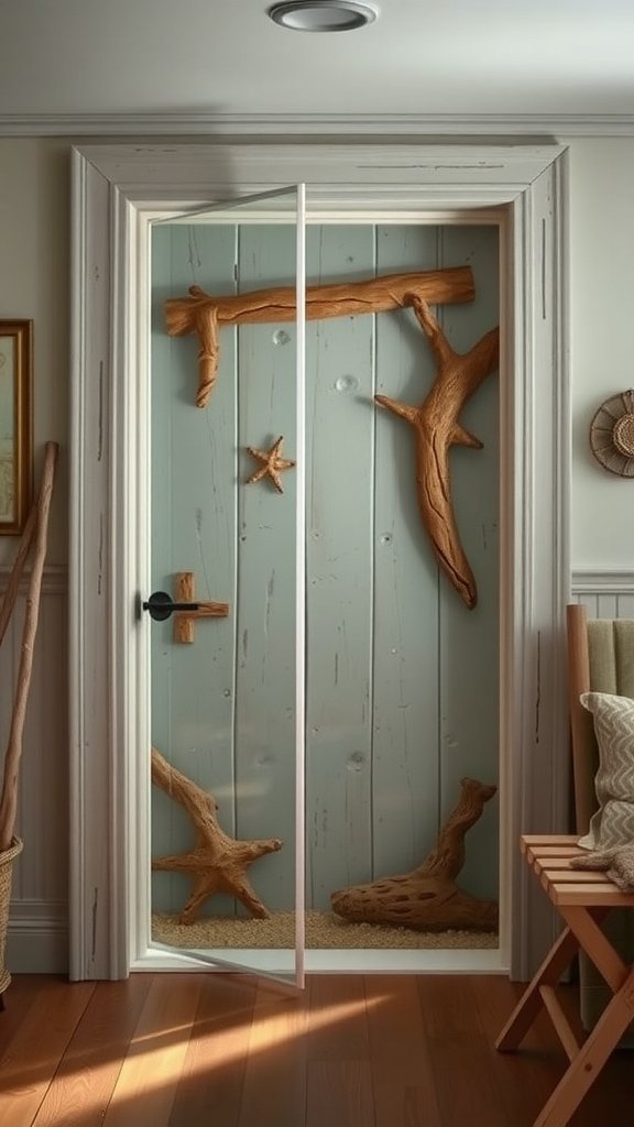 A door decorated with driftwood accents, featuring natural wood pieces arranged creatively.