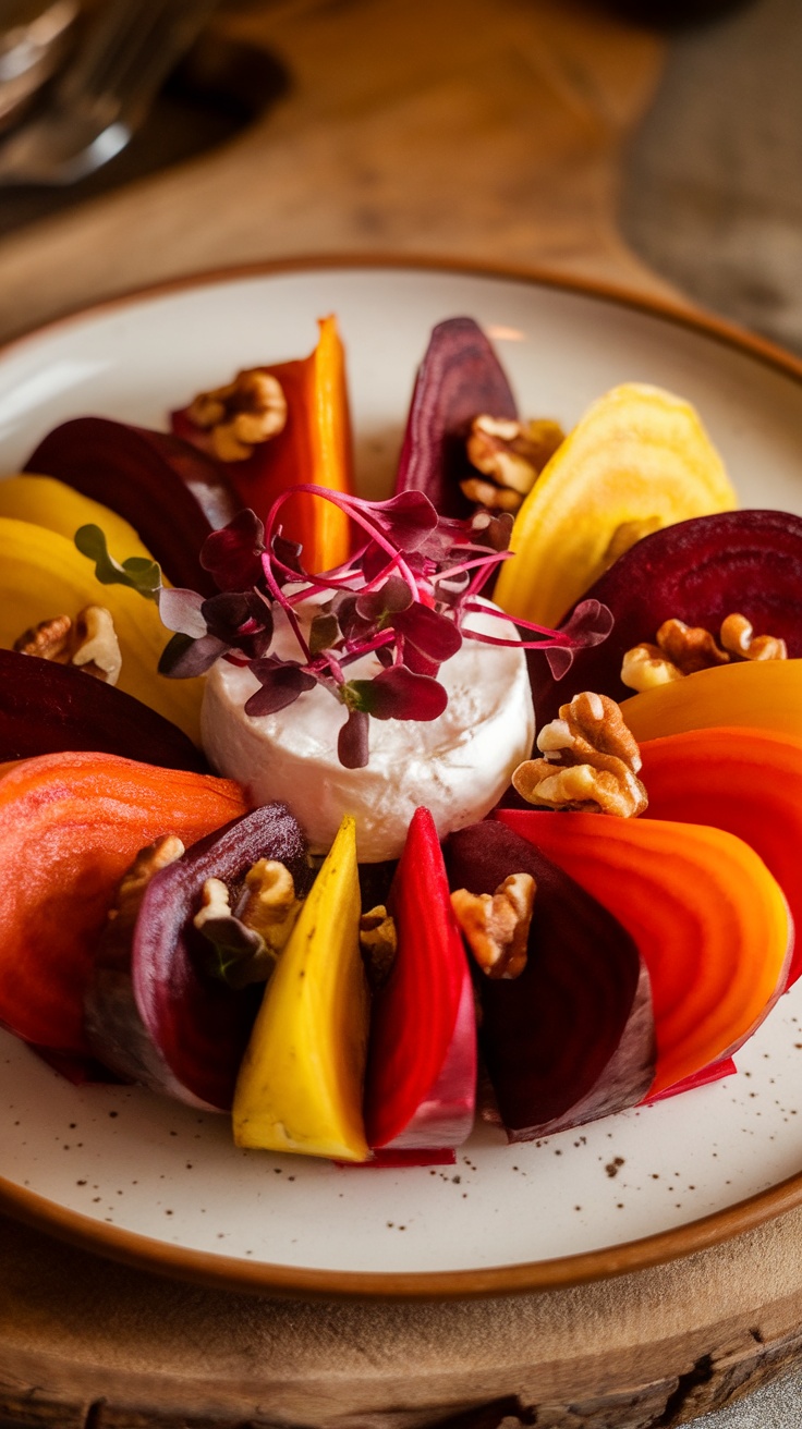 A colorful salad featuring roasted beets, goat cheese, walnuts, and microgreens arranged beautifully on a plate.