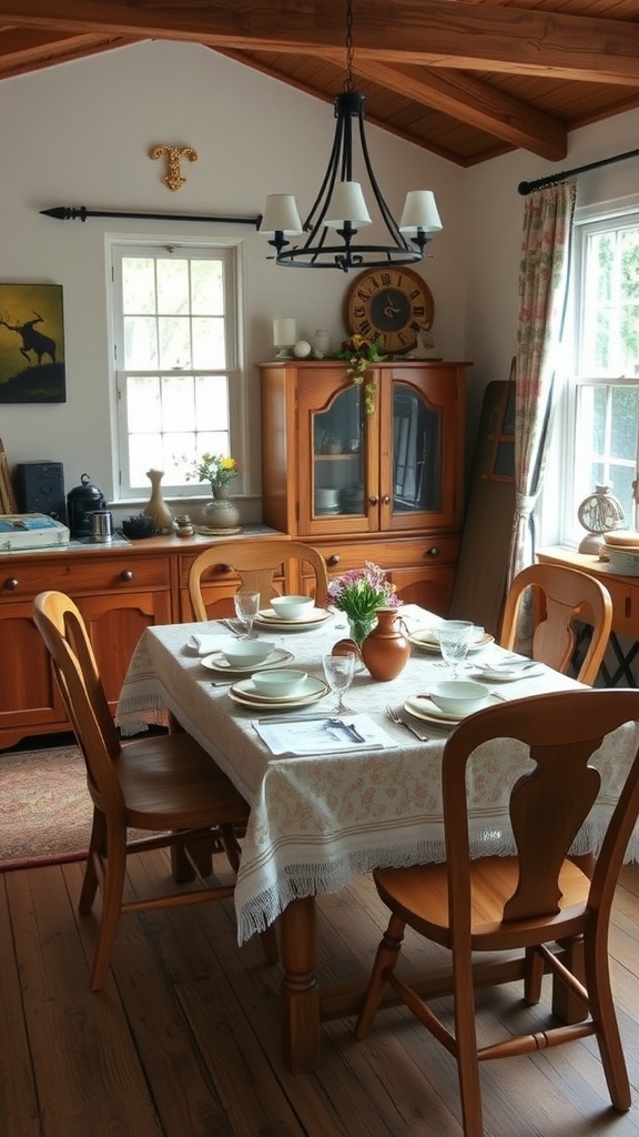 Cozy dining area with rustic wooden furniture, including a table set for a meal and wooden chairs.