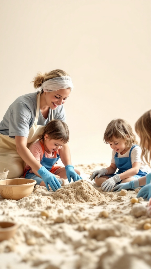 Kids enjoying a crafting activity making moon sand with a caregiver.