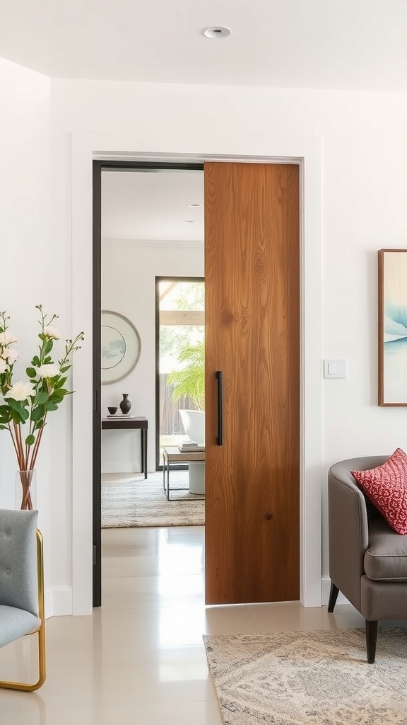 A sleek sliding pocket door that opens into a modern living space.