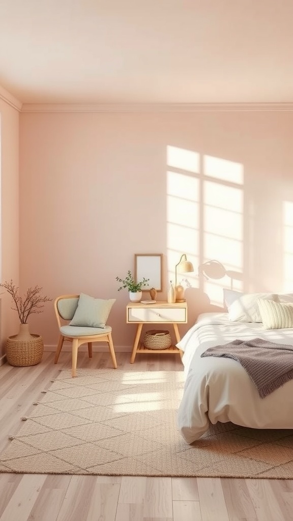 Cozy room with soft pastel colors, light wood furniture, and warm lighting.