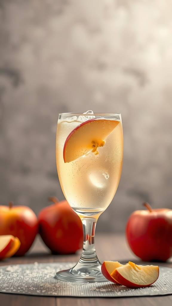 A refreshing glass of sparkling apple juice fizz garnished with apple slices.