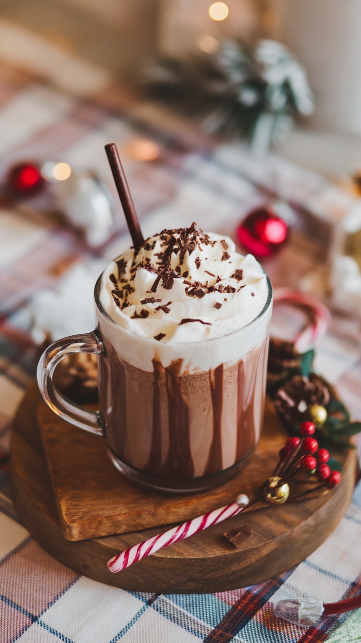 A delicious cup of hot chocolate topped with whipped cream, chocolate shavings, and a Christmas-themed decoration.